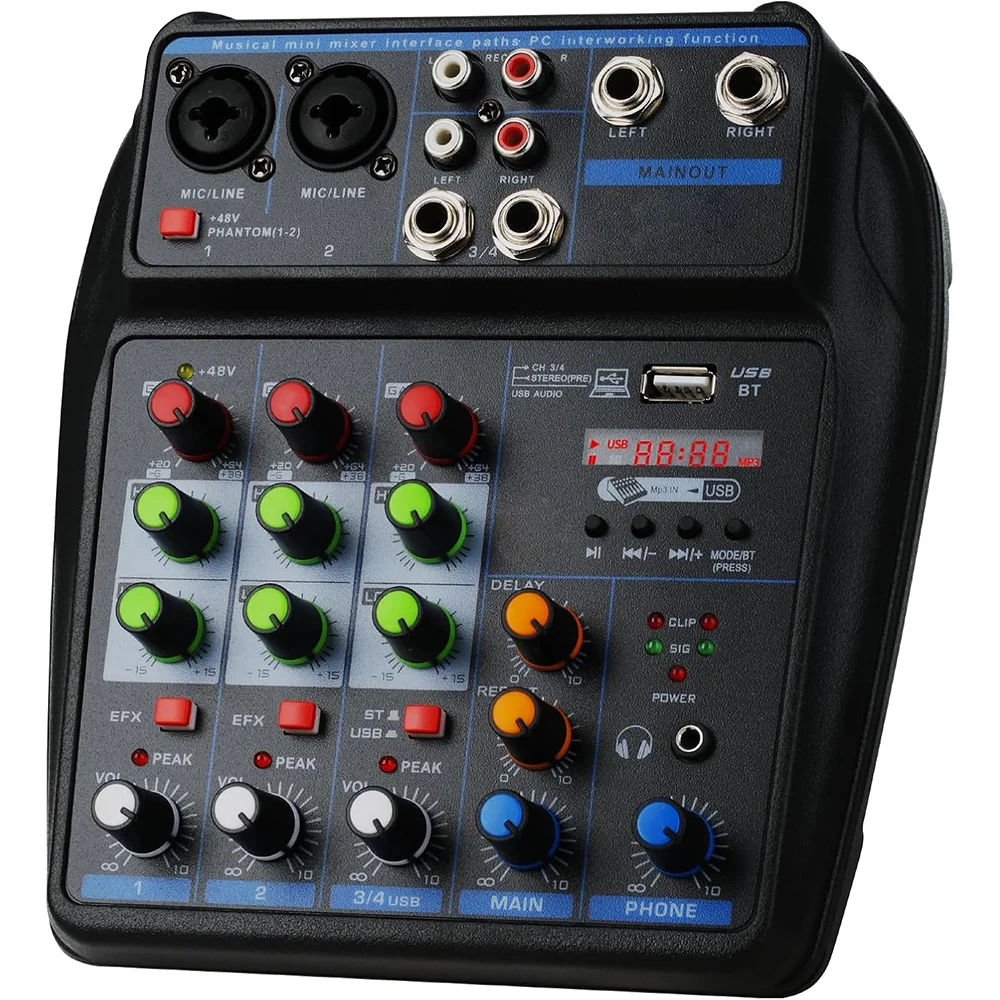 TAVOSOP Portable 4 Channel Audio Mixer Recording Sound Console Card With BT 48V USB Interface for DJ Karaoke PC MP3 Microphone