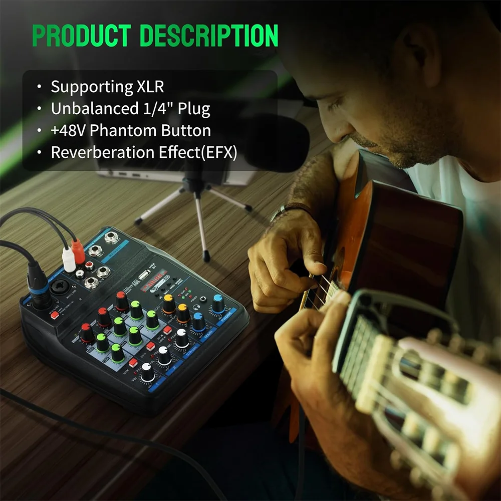 TAVOSOP Portable 4 Channel Audio Mixer Recording Sound Console Card With BT 48V USB Interface for DJ Karaoke PC MP3 Microphone