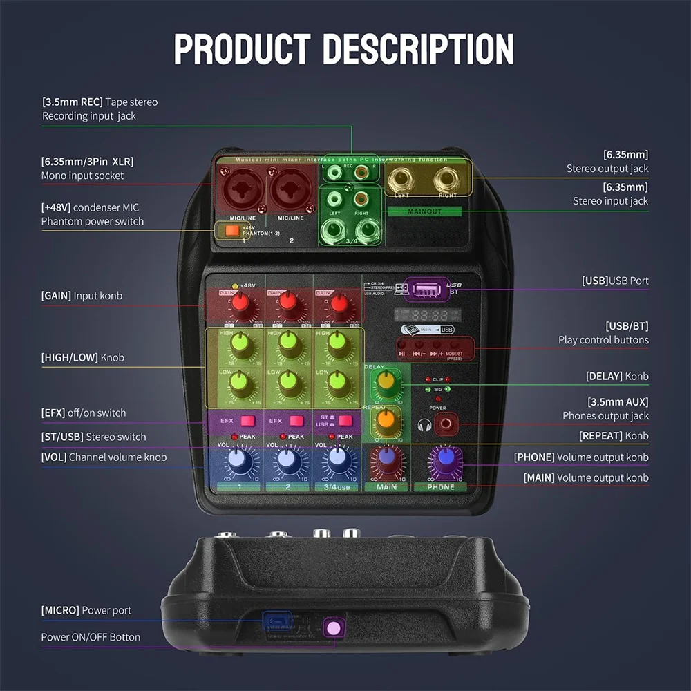TAVOSOP Portable 4 Channel Audio Mixer Recording Sound Console Card With BT 48V USB Interface for DJ Karaoke PC MP3 Microphone
