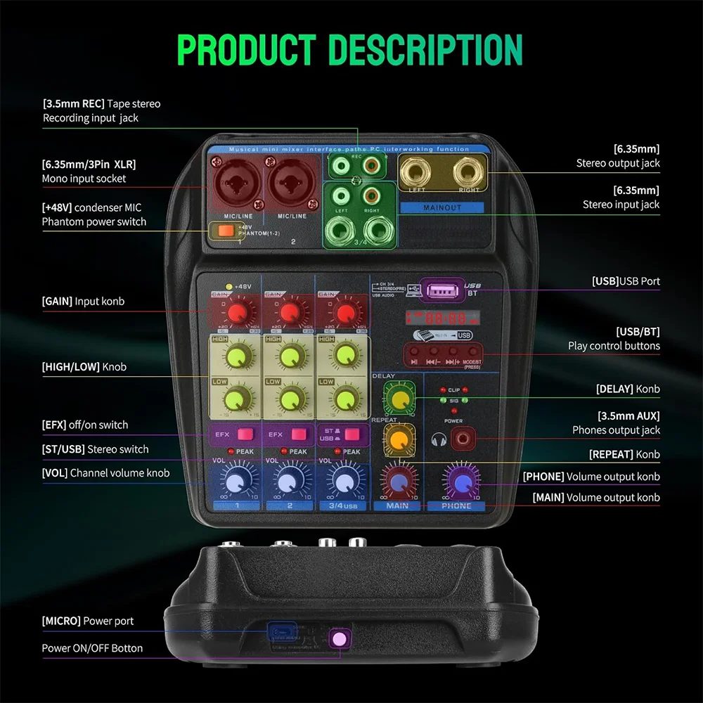 TAVOSOP Portable 4 Channel Audio Mixer Recording Sound Console Card With BT 48V USB Interface for DJ Karaoke PC MP3 Microphone