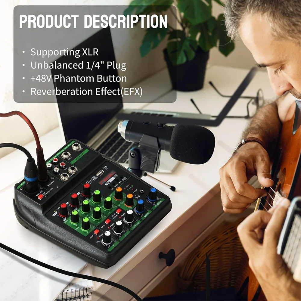 TAVOSOP Portable 4 Channel Audio Mixer Recording Sound Console Card With BT 48V USB Interface for DJ Karaoke PC MP3 Microphone