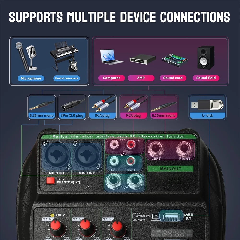 TAVOSOP Portable 4 Channel Audio Mixer Recording Sound Console Card With BT 48V USB Interface for DJ Karaoke PC MP3 Microphone