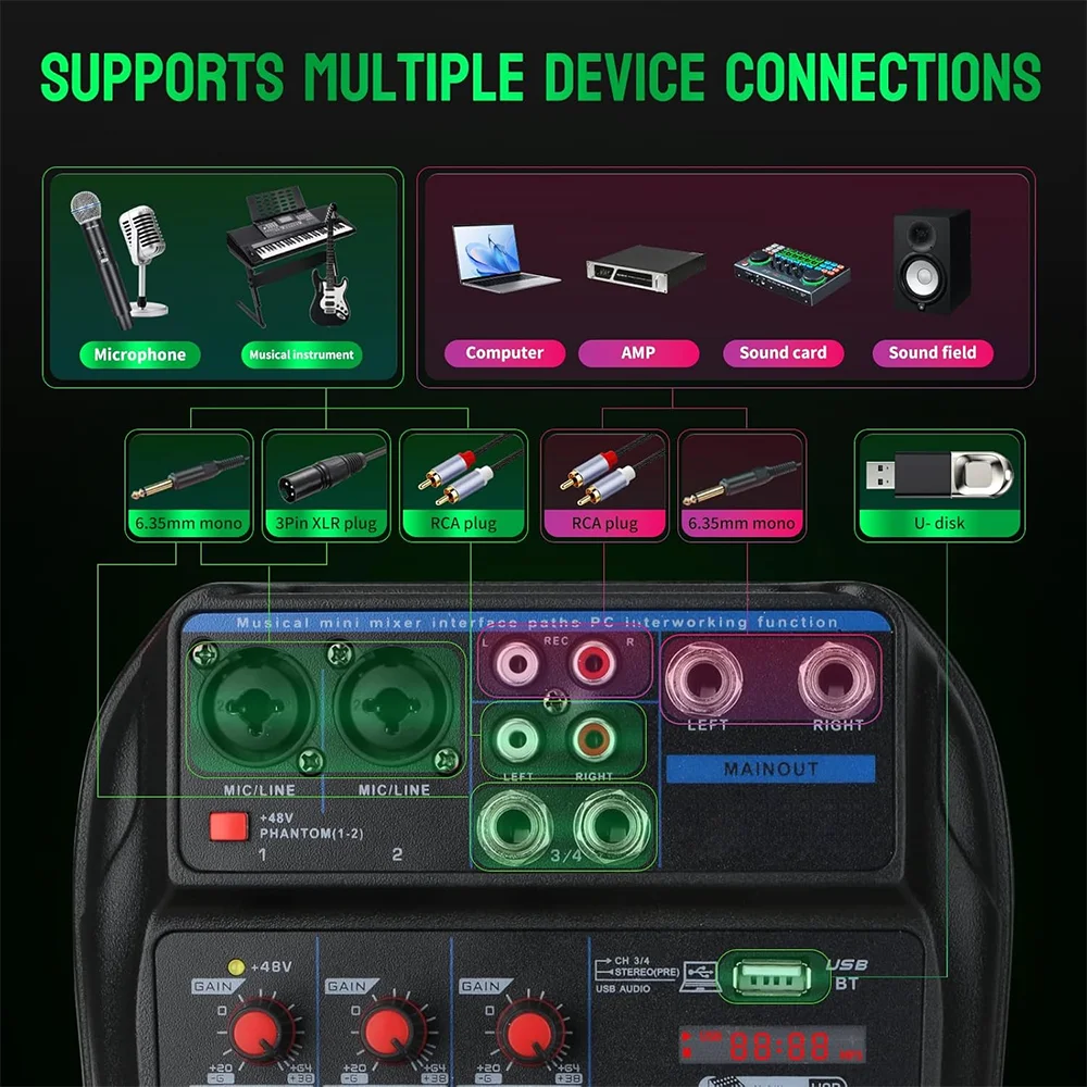 TAVOSOP Portable 4 Channel Audio Mixer Recording Sound Console Card With BT 48V USB Interface for DJ Karaoke PC MP3 Microphone