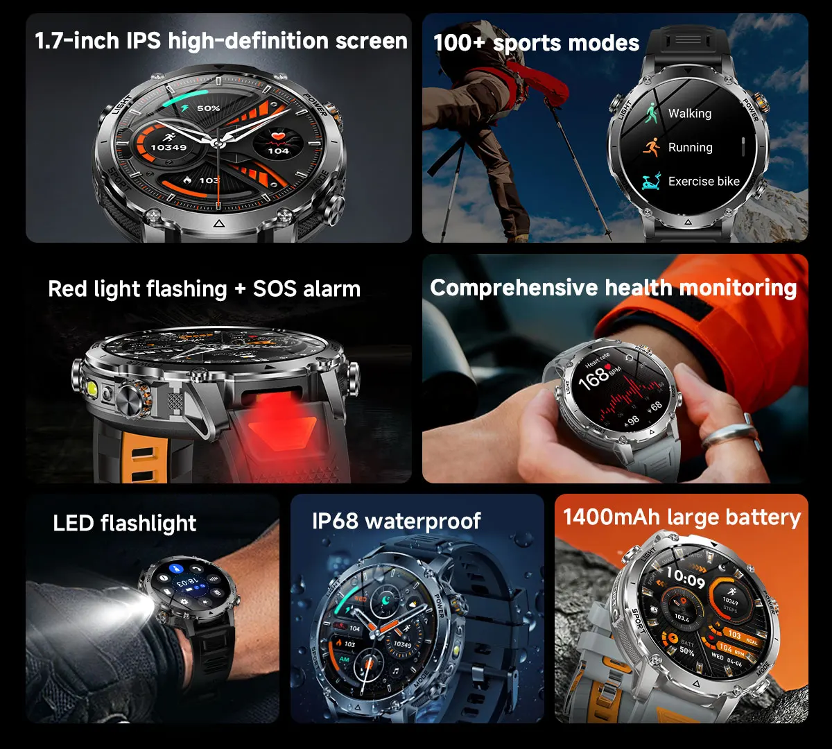 2026 New Outdoors Military 1400mAh Battery Smart Watch Men IP69K Waterproof LED Flashlight Heart Rate Sports Tracker Smartwatchs