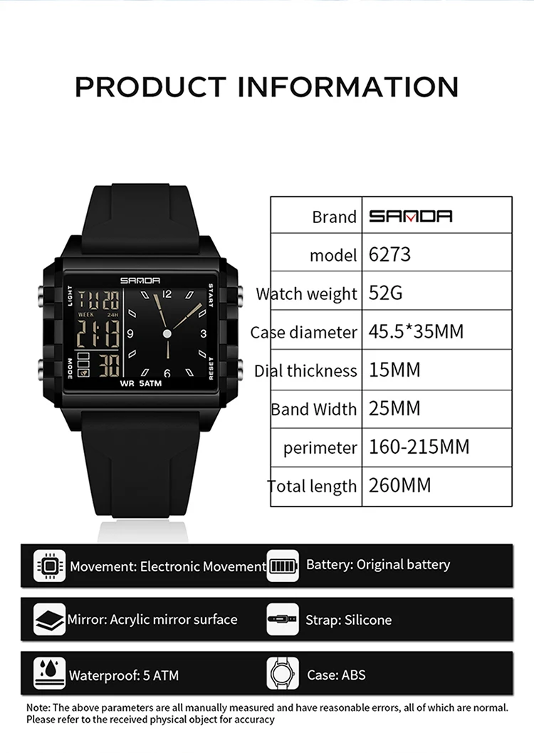 SANDA Luxury Brand Digital Watch for Men Women Square Dial Sport Waterproof Watches Man LED Pointer Display Relogios Masculino