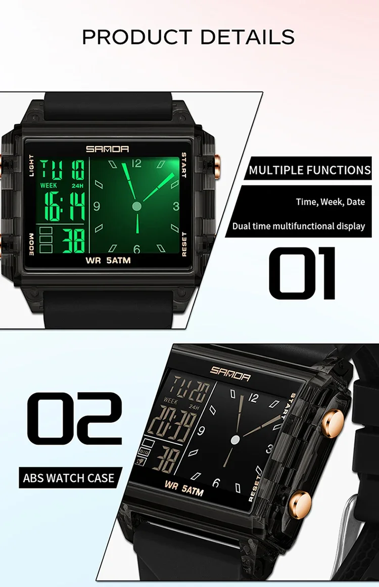 SANDA Luxury Brand Digital Watch for Men Women Square Dial Sport Waterproof Watches Man LED Pointer Display Relogios Masculino