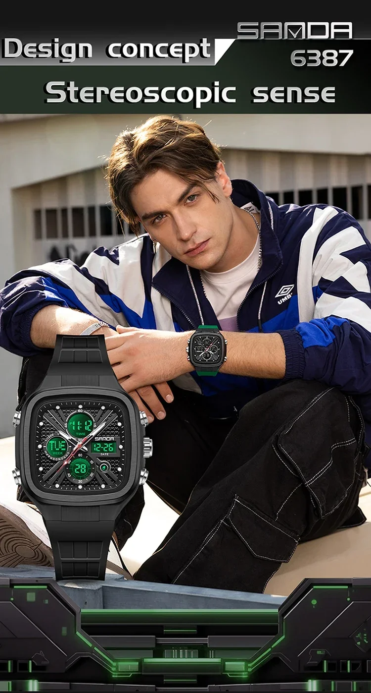 SANDA Fashion Men Watches Square Sport Watches Digital Dual Time Watches 50m Waterproof Electronic Men's Wrist Watches