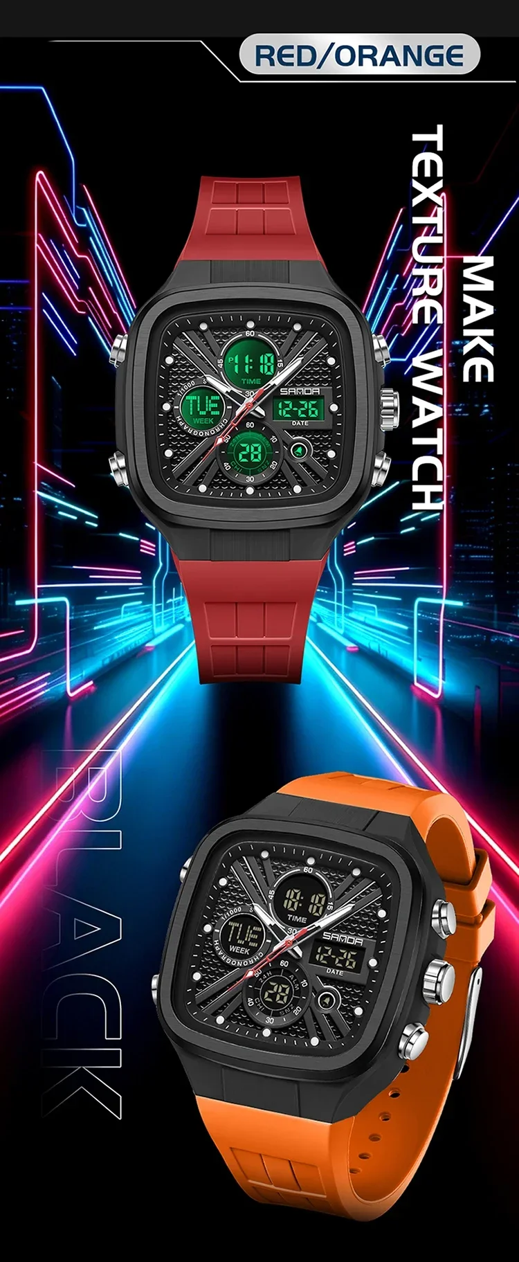 SANDA Fashion Men Watches Square Sport Watches Digital Dual Time Watches 50m Waterproof Electronic Men's Wrist Watches