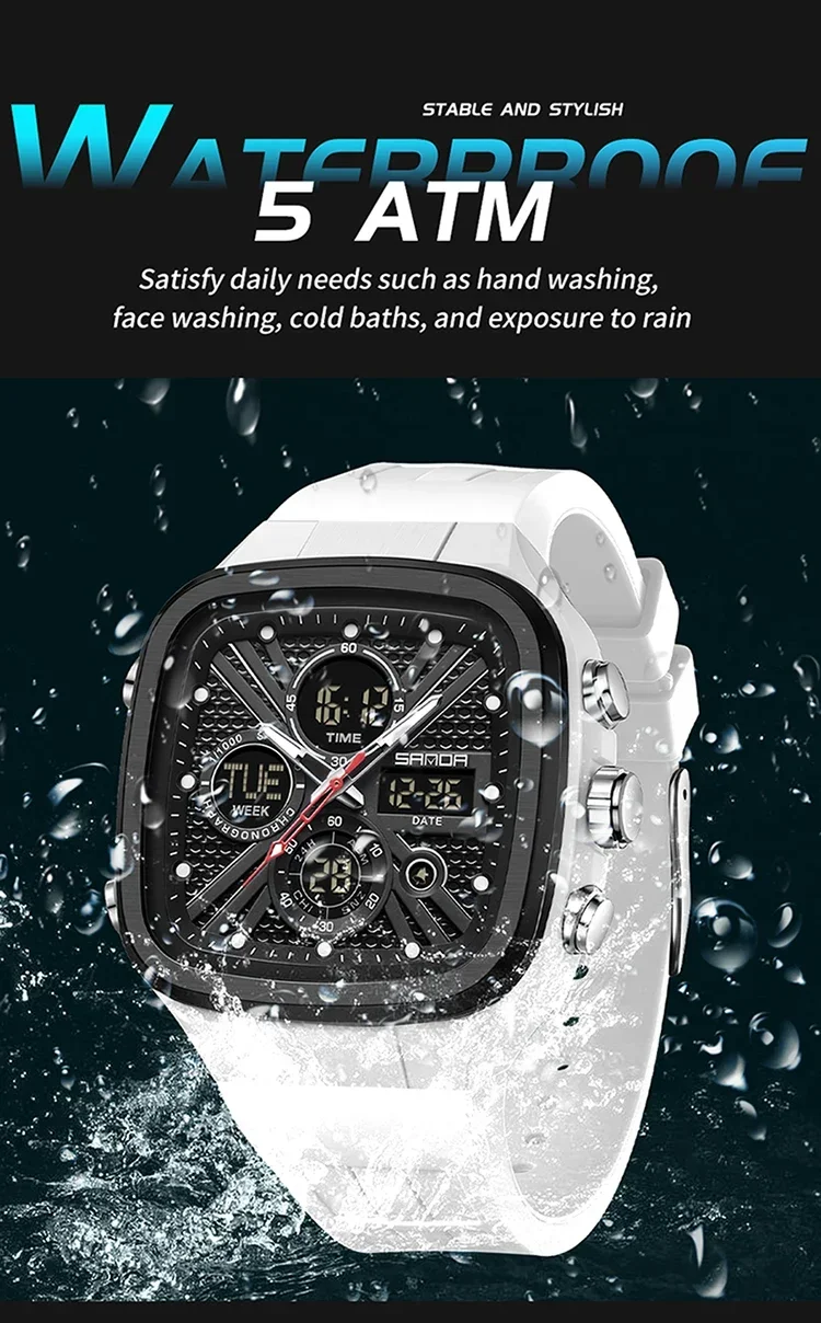 SANDA Fashion Men Watches Square Sport Watches Digital Dual Time Watches 50m Waterproof Electronic Men's Wrist Watches
