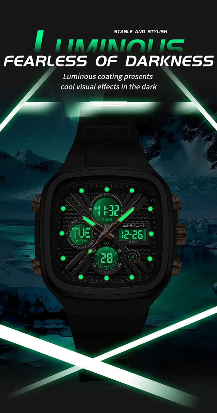 SANDA Fashion Men Watches Square Sport Watches Digital Dual Time Watches 50m Waterproof Electronic Men's Wrist Watches