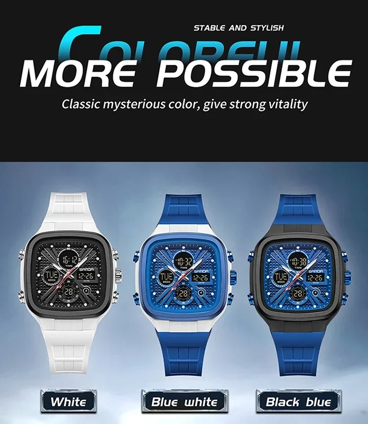 SANDA Fashion Men Watches Square Sport Watches Digital Dual Time Watches 50m Waterproof Electronic Men's Wrist Watches