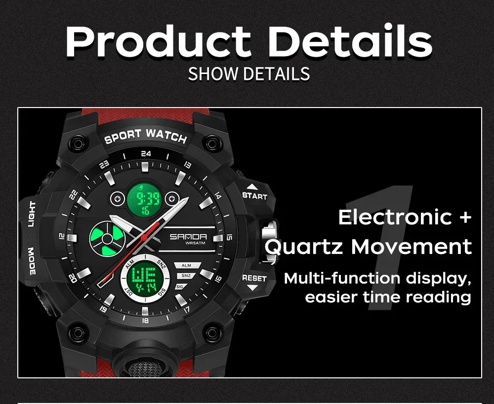 SANDA Fashion Men Watches Square Sport Watches Digital Dual Time Watches 50m Waterproof Electronic Men's Wrist Watches