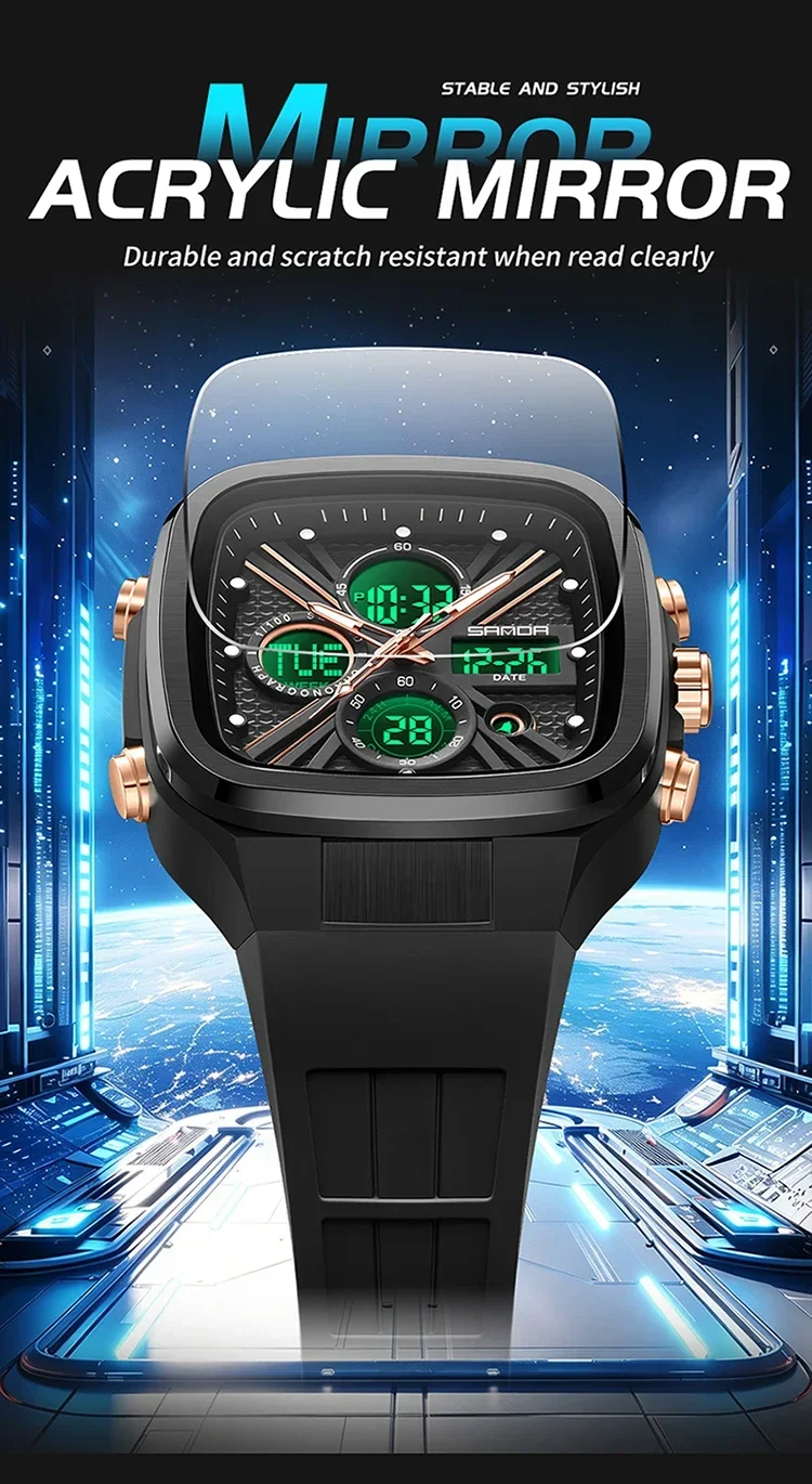 SANDA Fashion Men Watches Square Sport Watches Digital Dual Time Watches 50m Waterproof Electronic Men's Wrist Watches