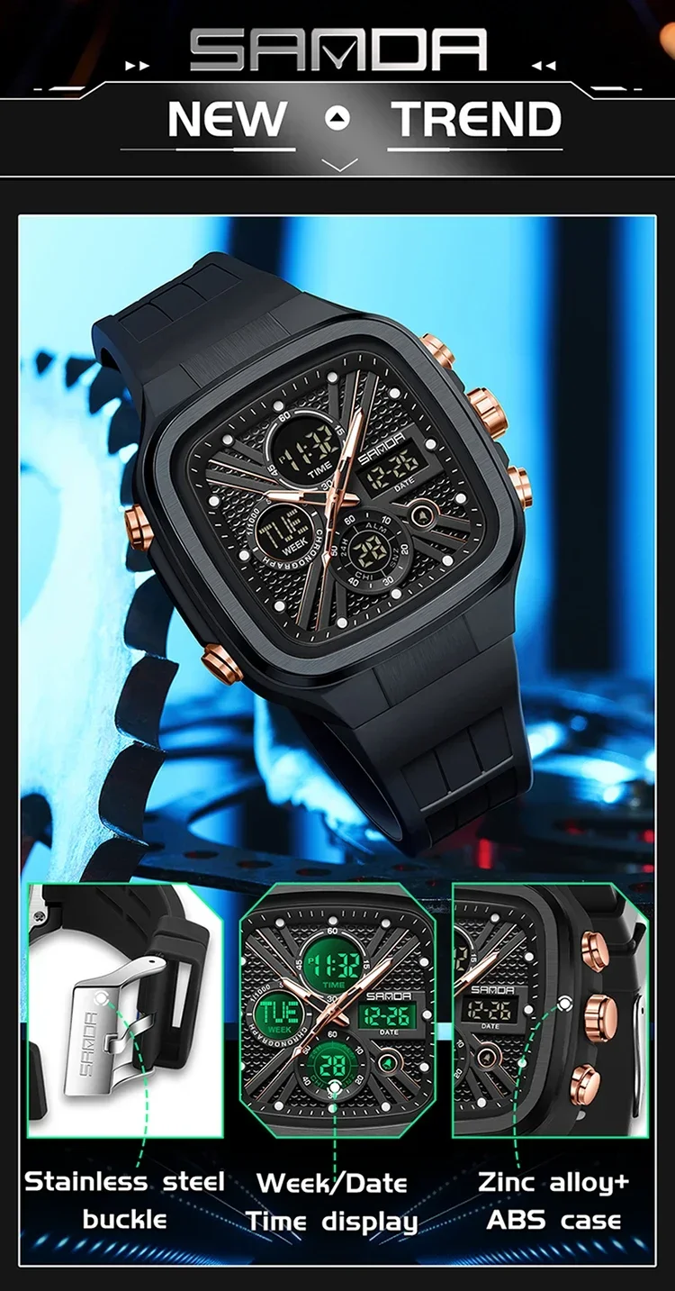 SANDA Fashion Men Watches Square Sport Watches Digital Dual Time Watches 50m Waterproof Electronic Men's Wrist Watches