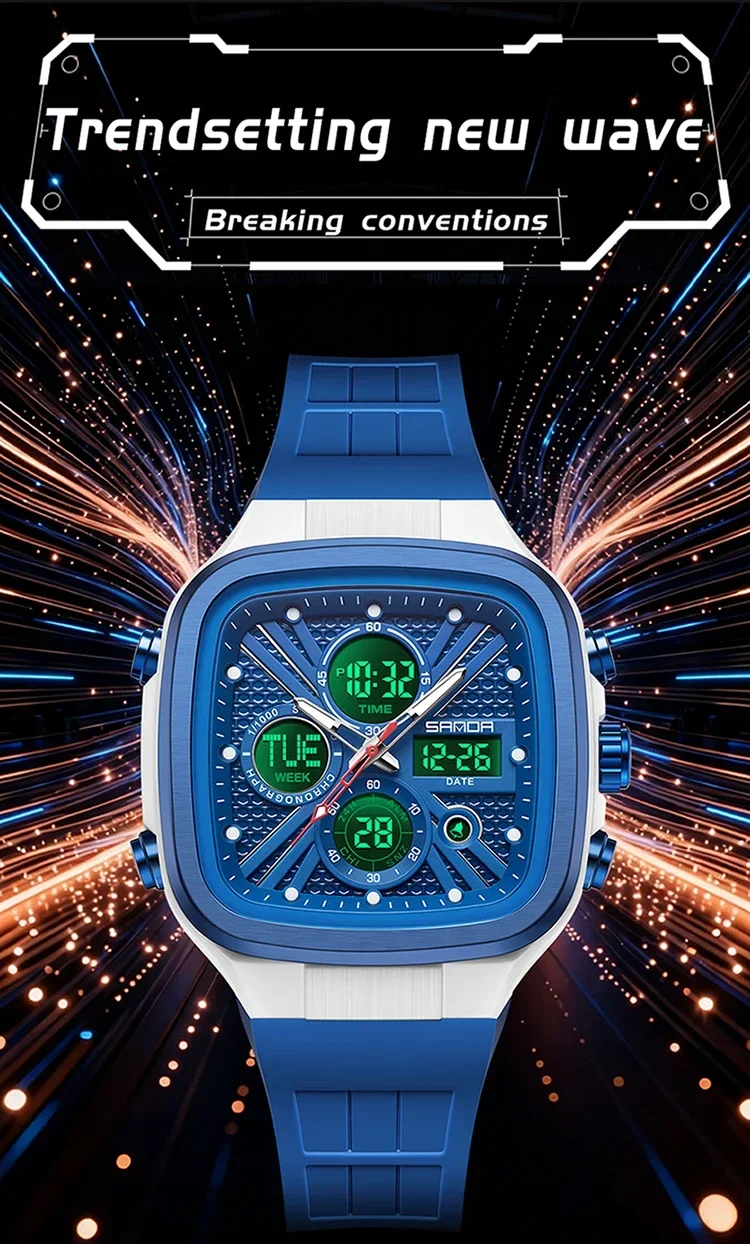 SANDA Fashion Men Watches Square Sport Watches Digital Dual Time Watches 50m Waterproof Electronic Men's Wrist Watches