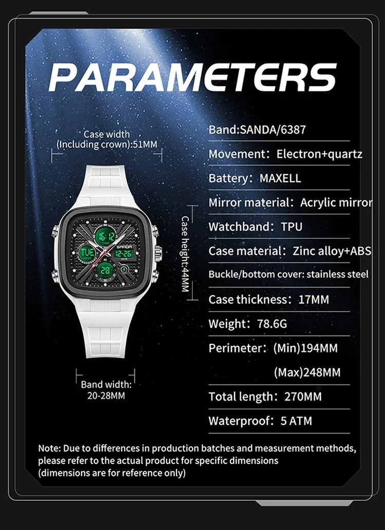 SANDA Fashion Men Watches Square Sport Watches Digital Dual Time Watches 50m Waterproof Electronic Men's Wrist Watches
