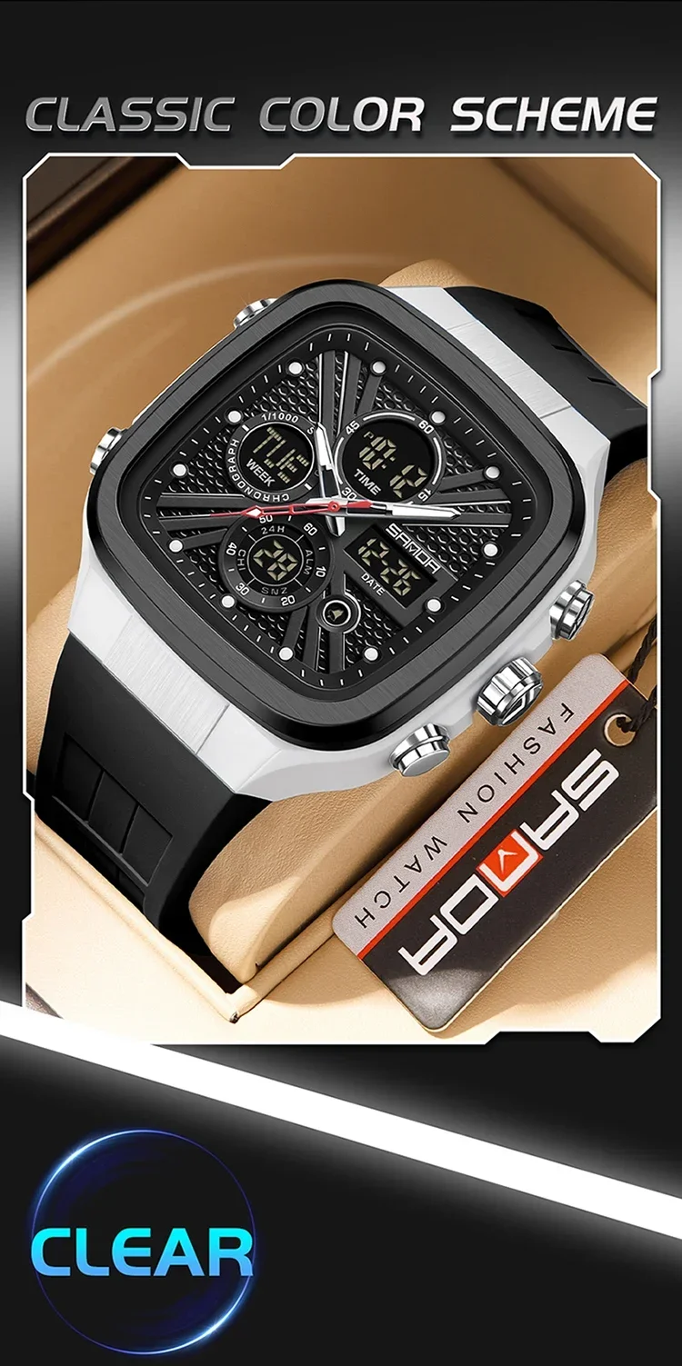 SANDA Fashion Men Watches Square Sport Watches Digital Dual Time Watches 50m Waterproof Electronic Men's Wrist Watches