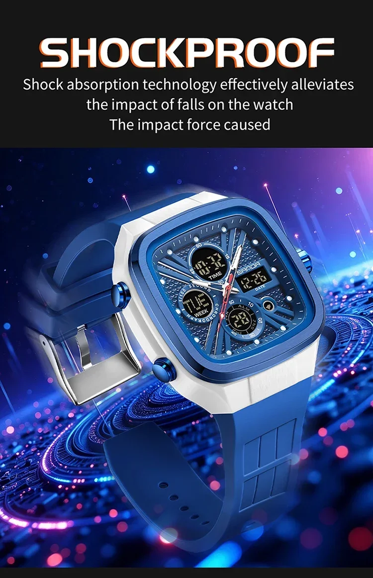 SANDA Fashion Men Watches Square Sport Watches Digital Dual Time Watches 50m Waterproof Electronic Men's Wrist Watches