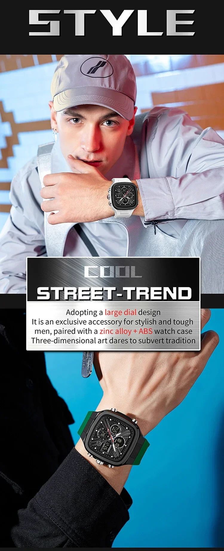 SANDA Fashion Men Watches Square Sport Watches Digital Dual Time Watches 50m Waterproof Electronic Men's Wrist Watches