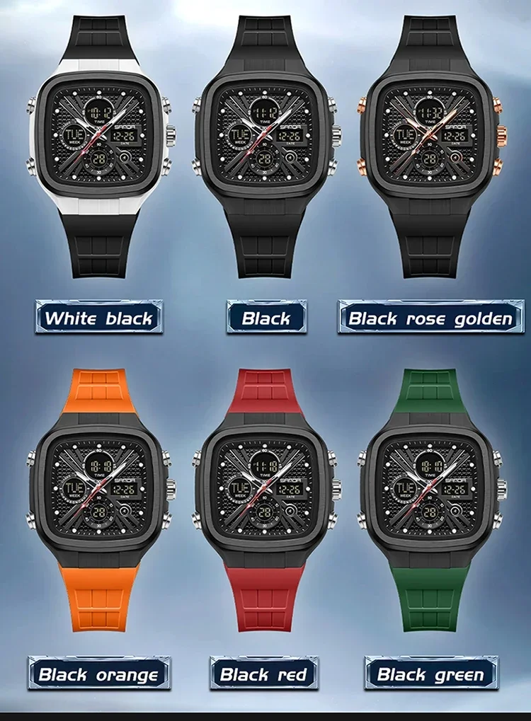 SANDA Fashion Men Watches Square Sport Watches Digital Dual Time Watches 50m Waterproof Electronic Men's Wrist Watches