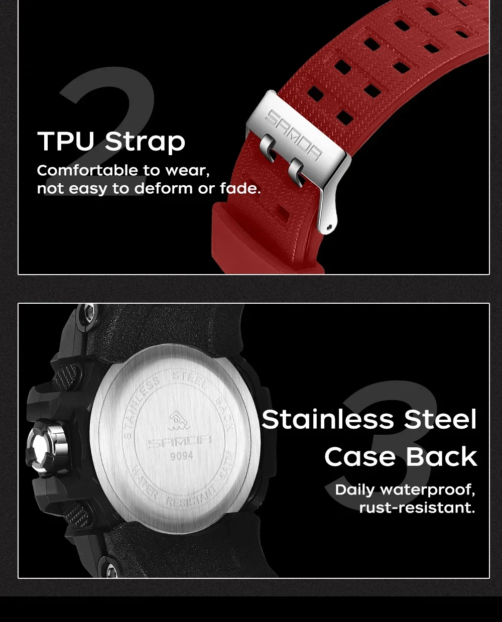 SANDA Fashion Men Watches Square Sport Watches Digital Dual Time Watches 50m Waterproof Electronic Men's Wrist Watches