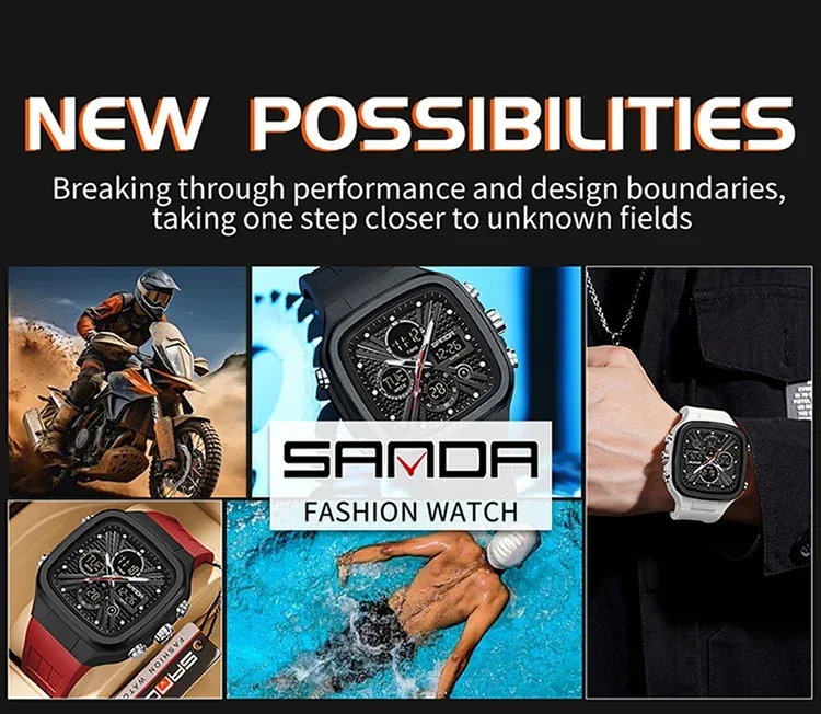 SANDA Fashion Men Watches Square Sport Watches Digital Dual Time Watches 50m Waterproof Electronic Men's Wrist Watches