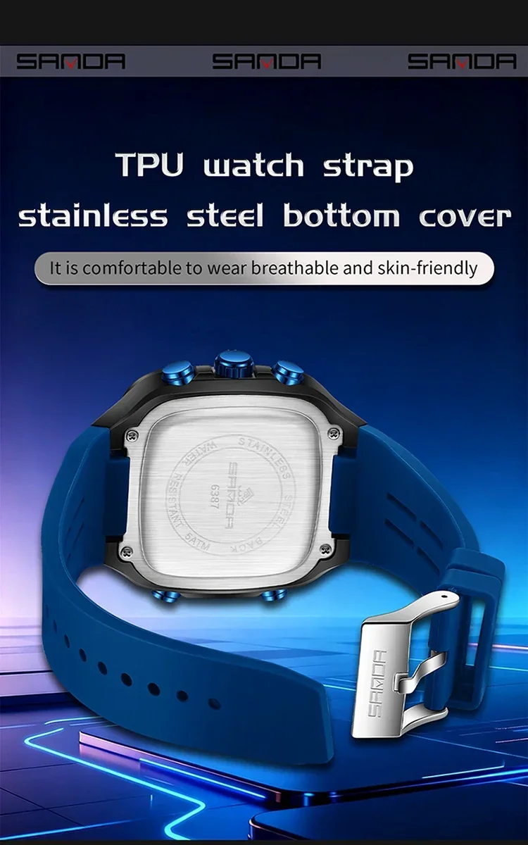 SANDA Fashion Men Watches Square Sport Watches Digital Dual Time Watches 50m Waterproof Electronic Men's Wrist Watches