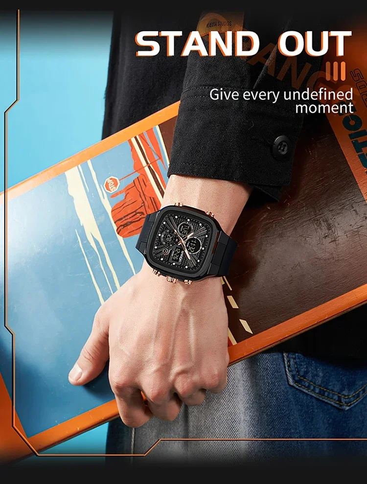 SANDA Fashion Men Watches Square Sport Watches Digital Dual Time Watches 50m Waterproof Electronic Men's Wrist Watches