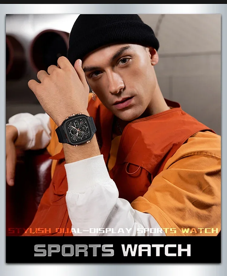 SANDA Fashion Men Watches Square Sport Watches Digital Dual Time Watches 50m Waterproof Electronic Men's Wrist Watches