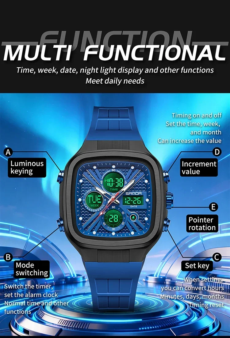 SANDA Fashion Men Watches Square Sport Watches Digital Dual Time Watches 50m Waterproof Electronic Men's Wrist Watches