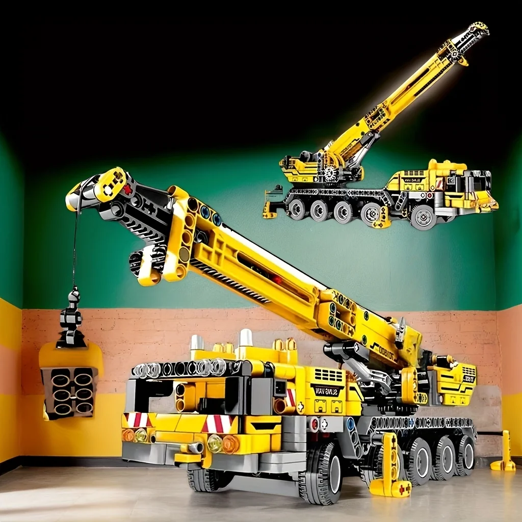 City Series Mechanical Crane Building Block Set, Yellow Engineering Crane Model, Movable, Rotatable, and Liftable, Suitable as a Birthday Gift for Collectors, Christmas or Halloween Gift