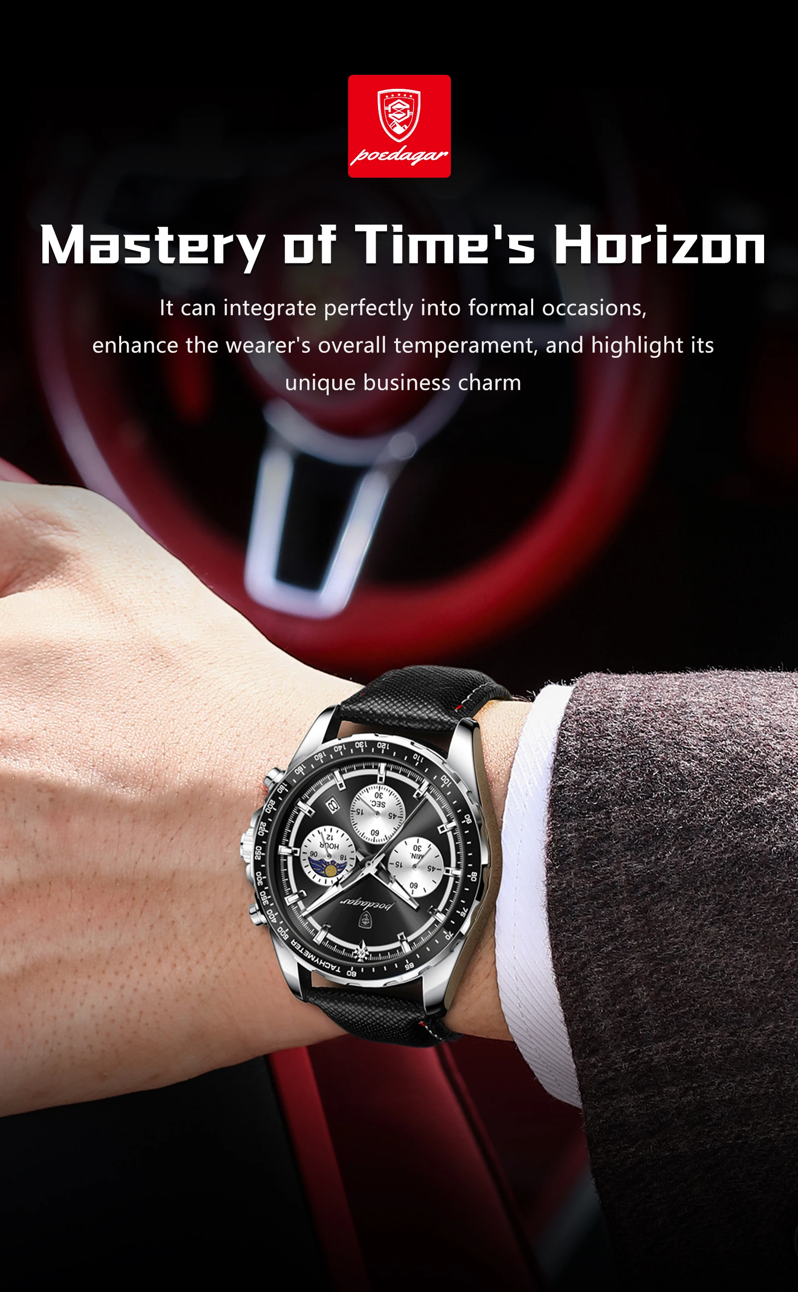 POEDAGAR Top Original Men's Watches Luminous Waterproof Fashion Male Clock Leather Chronograph Date Quartz Sports Men Wristwatch