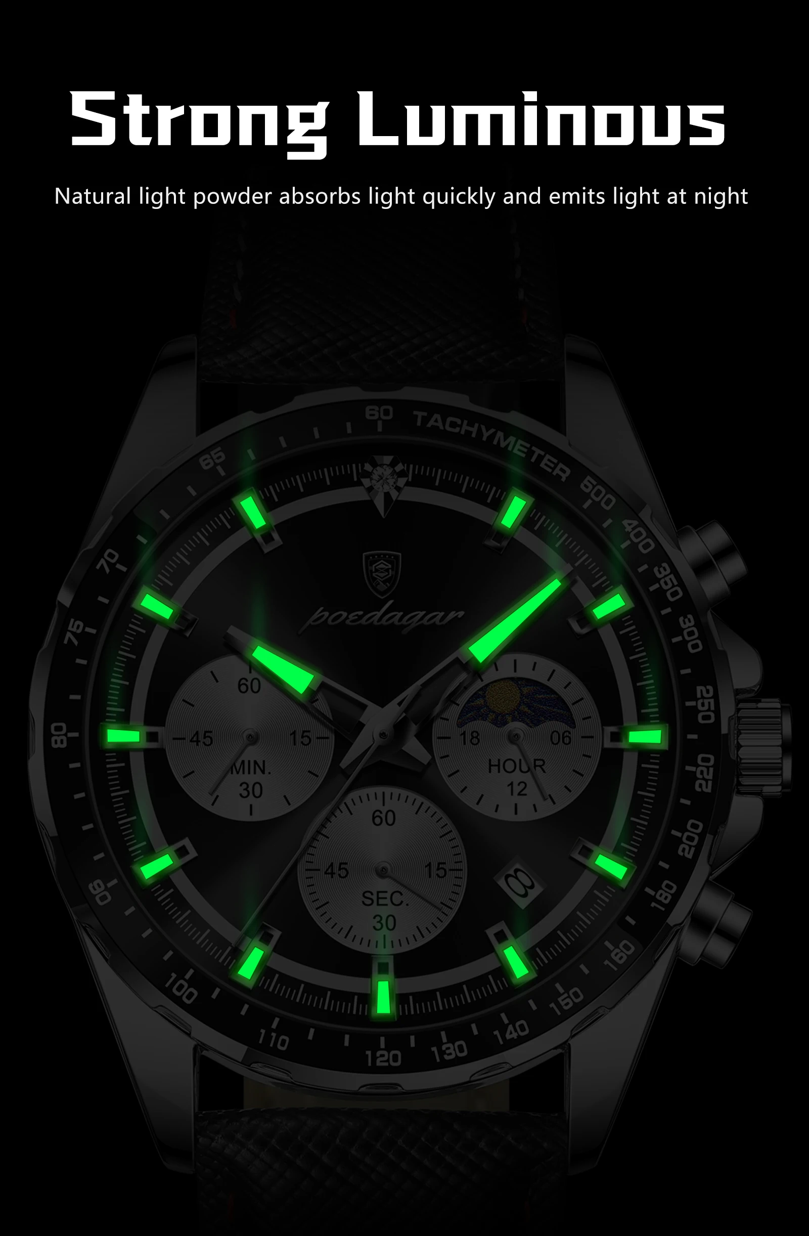 POEDAGAR Top Original Men's Watches Luminous Waterproof Fashion Male Clock Leather Chronograph Date Quartz Sports Men Wristwatch