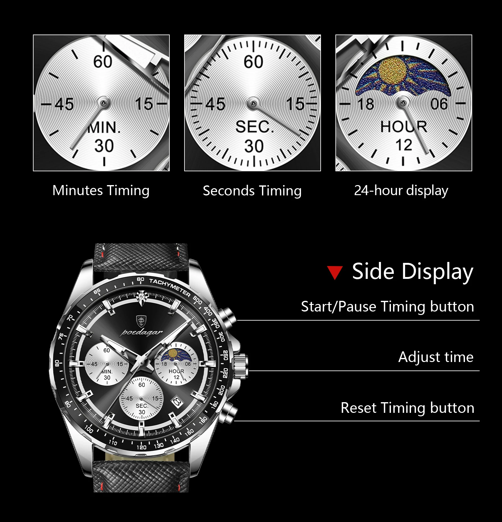 POEDAGAR Top Original Men's Watches Luminous Waterproof Fashion Male Clock Leather Chronograph Date Quartz Sports Men Wristwatch