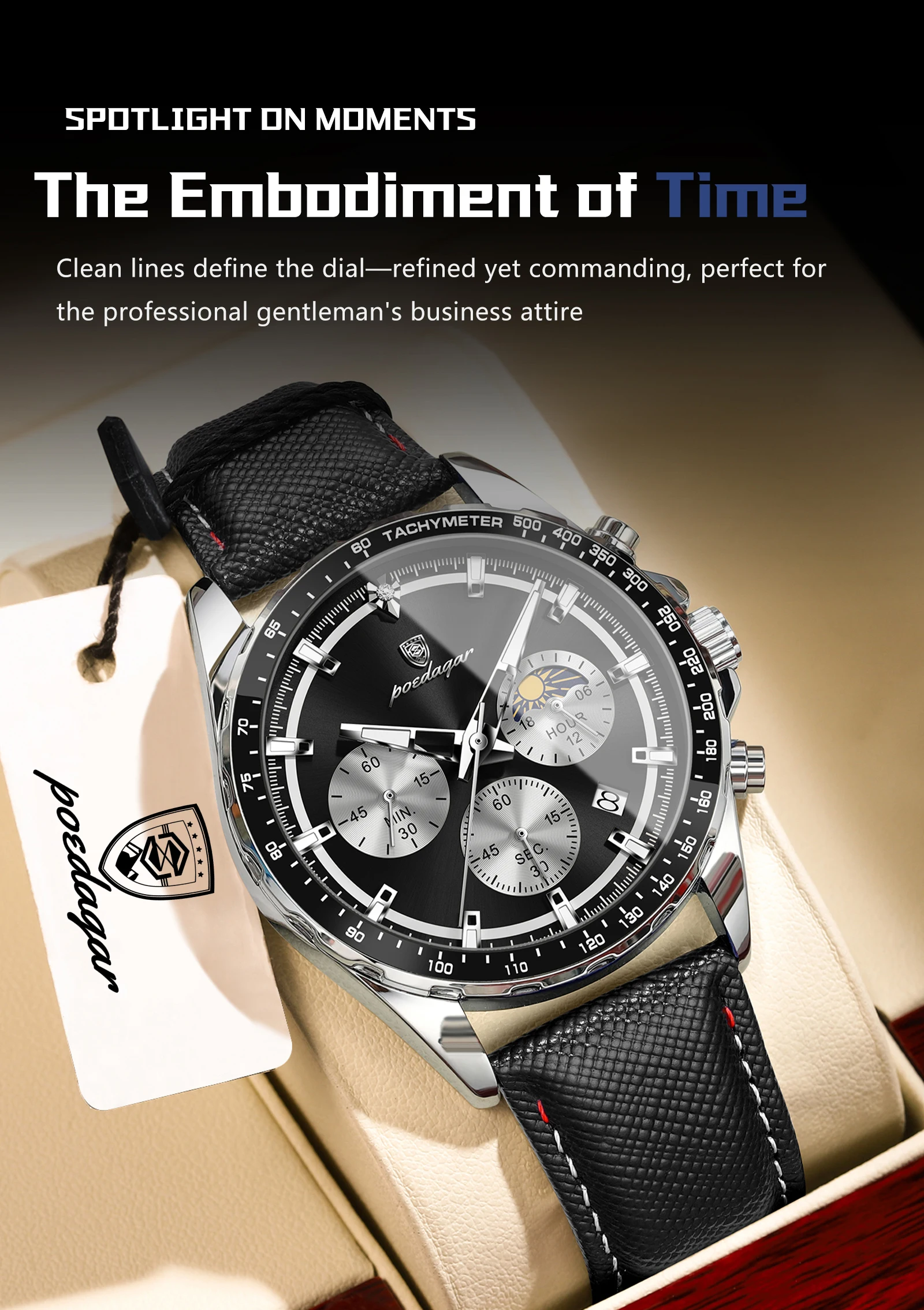 POEDAGAR Top Original Men's Watches Luminous Waterproof Fashion Male Clock Leather Chronograph Date Quartz Sports Men Wristwatch