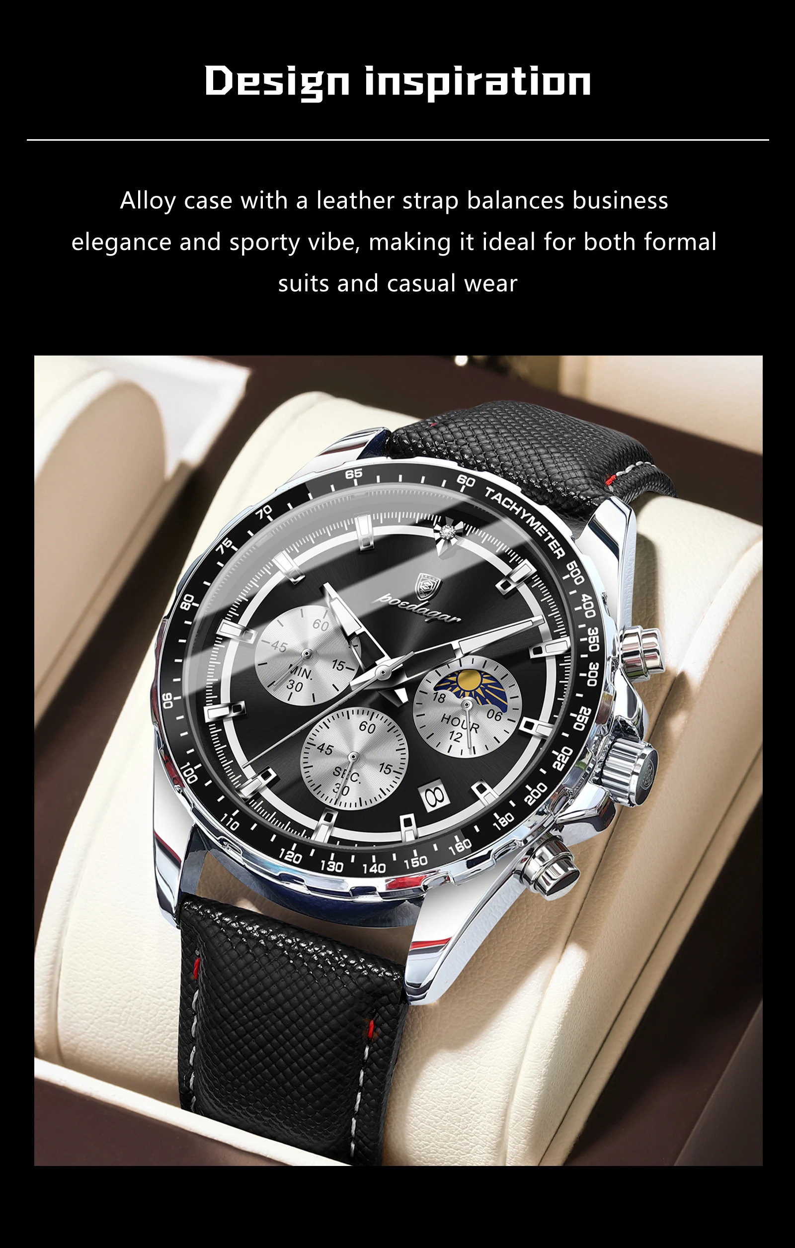 POEDAGAR Top Original Men's Watches Luminous Waterproof Fashion Male Clock Leather Chronograph Date Quartz Sports Men Wristwatch