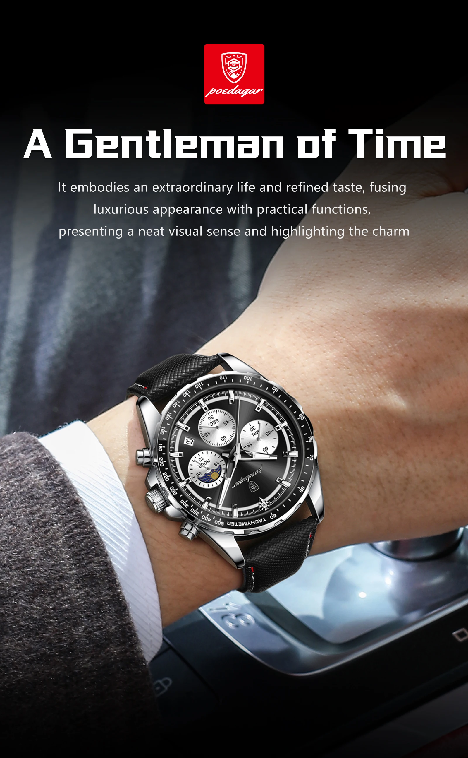 POEDAGAR Top Original Men's Watches Luminous Waterproof Fashion Male Clock Leather Chronograph Date Quartz Sports Men Wristwatch