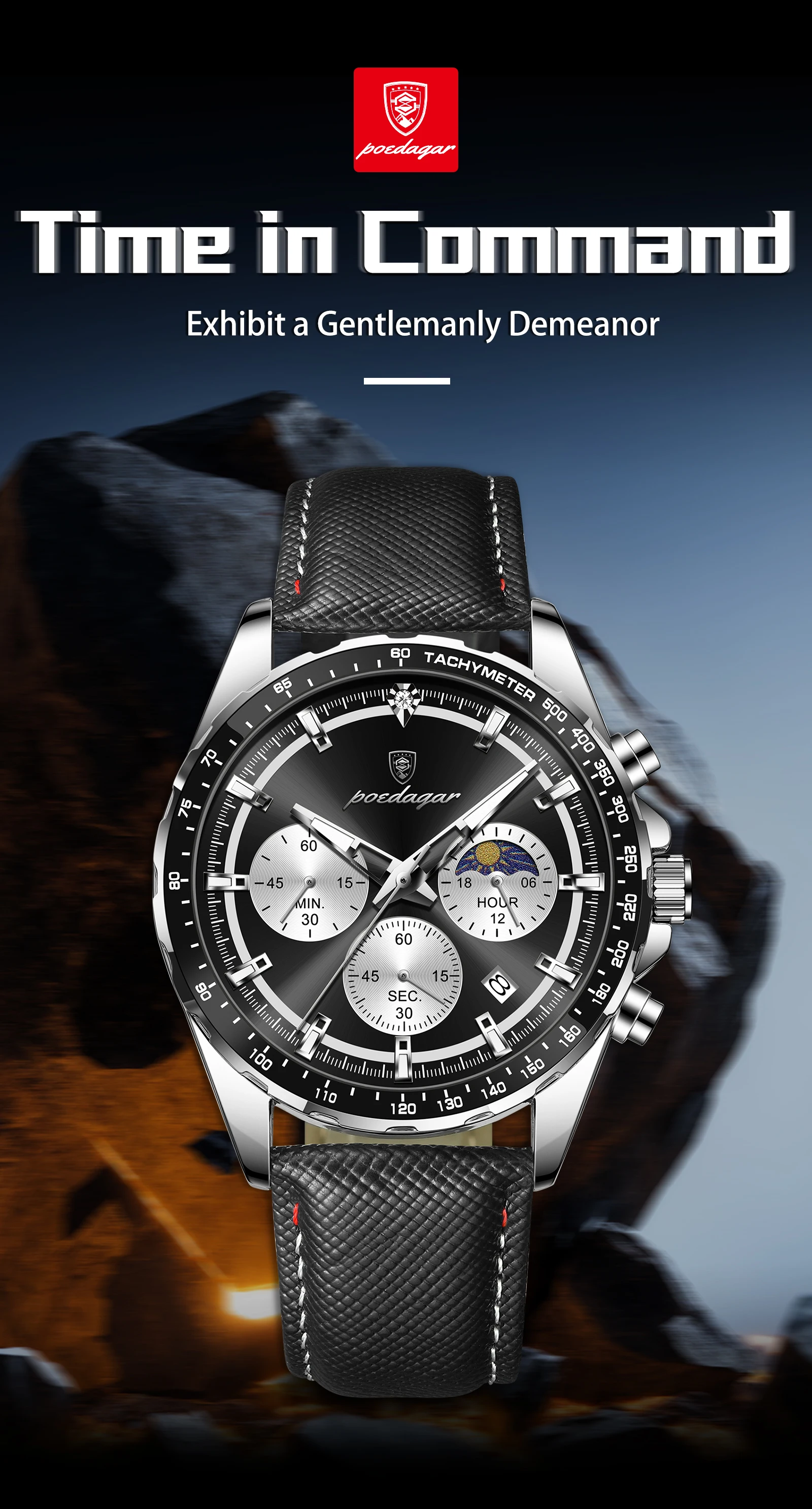 POEDAGAR Top Original Men's Watches Luminous Waterproof Fashion Male Clock Leather Chronograph Date Quartz Sports Men Wristwatch