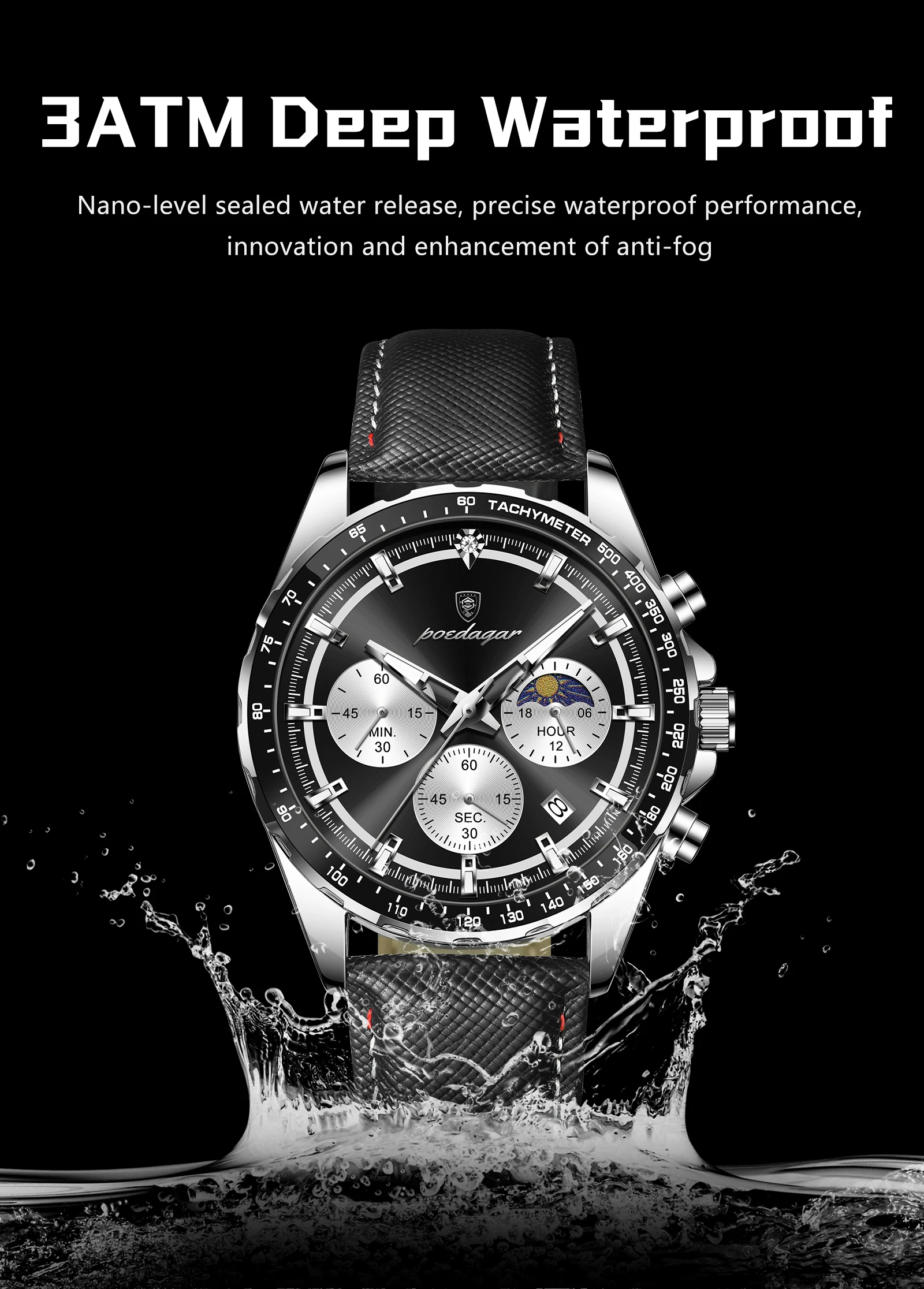 POEDAGAR Top Original Men's Watches Luminous Waterproof Fashion Male Clock Leather Chronograph Date Quartz Sports Men Wristwatch