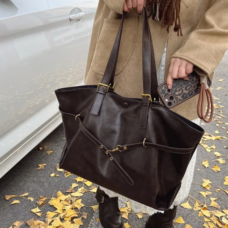 Brown Large Capacity Vintage Tote Bag Metal Buckle Decor Casual Shoulder Bags Versatile Commuter Handbag Women's Elagant Bag