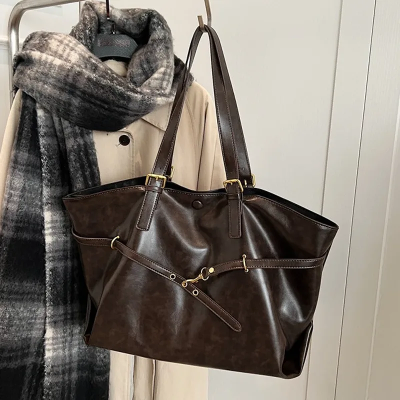 Brown Large Capacity Vintage Tote Bag Metal Buckle Decor Casual Shoulder Bags Versatile Commuter Handbag Women's Elagant Bag