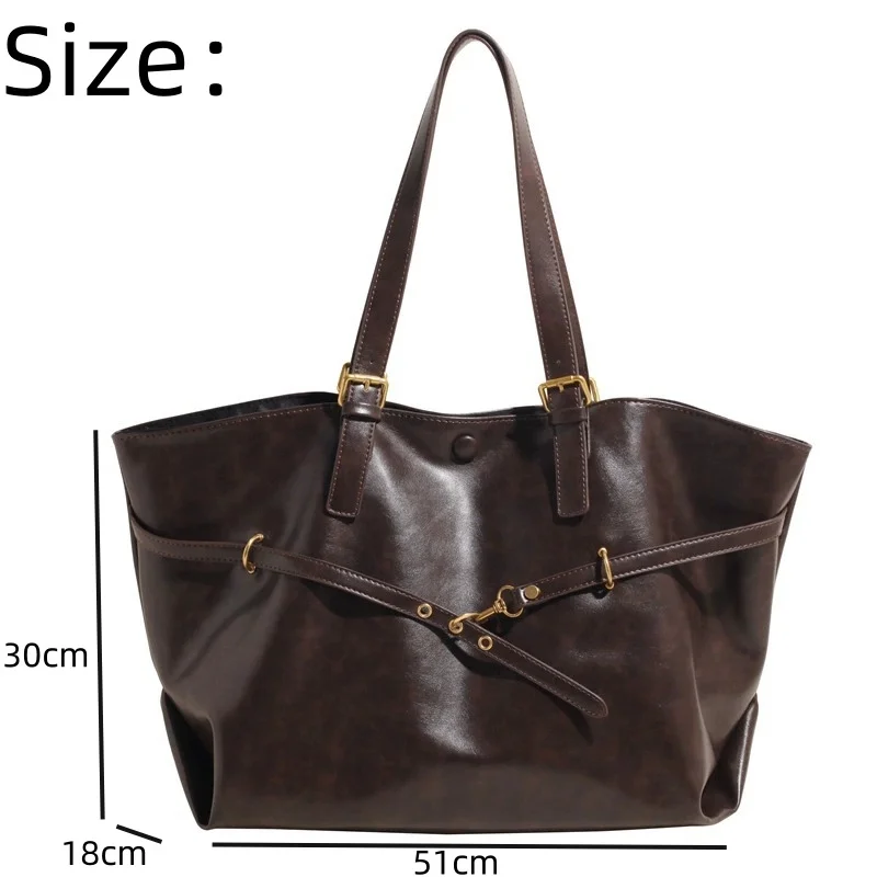 Brown Large Capacity Vintage Tote Bag Metal Buckle Decor Casual Shoulder Bags Versatile Commuter Handbag Women's Elagant Bag