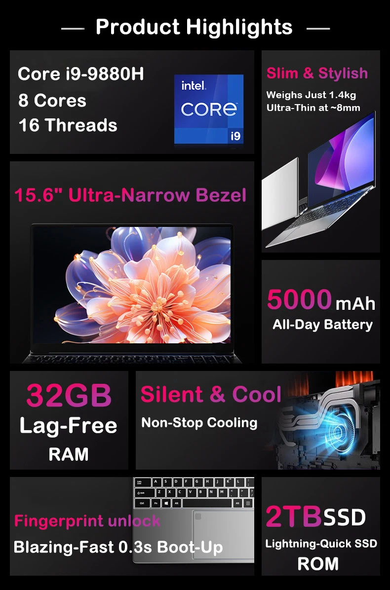 New 15.6" Laptop Intel Core I9-9880H 32GB RAM 2TB SSD Ultra Slim Gaming Laptop 1920*1080 Windows 11 Office Study Home Use