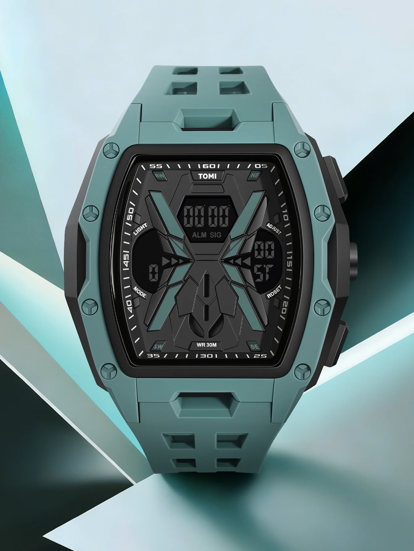 TOMI Men's Sports Mecha Style Watch Digital Electronic Watch, Backlight Alarm Stopwatch, Hollow Breathable Silicone Watch