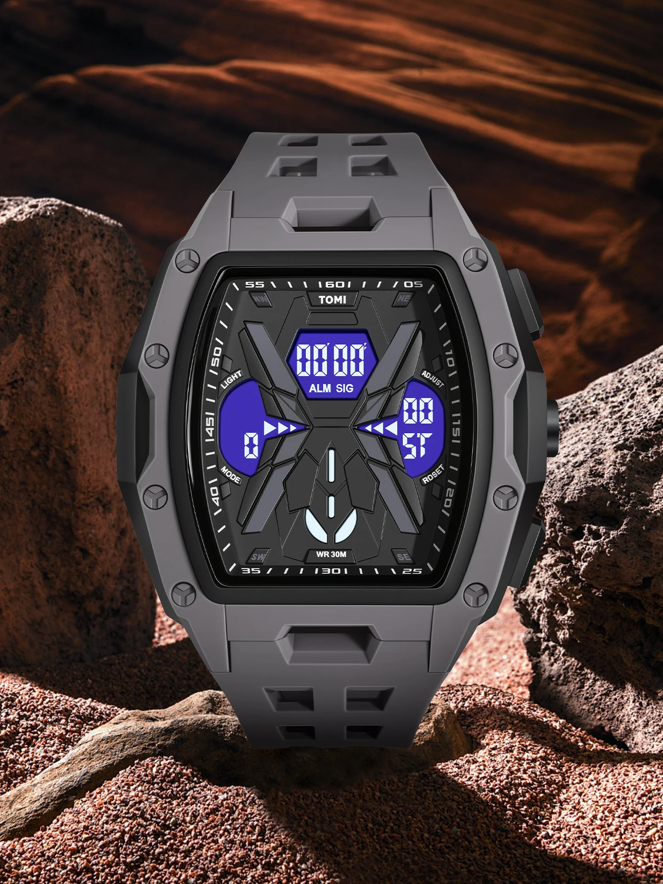TOMI Men's Sports Mecha Style Watch Digital Electronic Watch, Backlight Alarm Stopwatch, Hollow Breathable Silicone Watch
