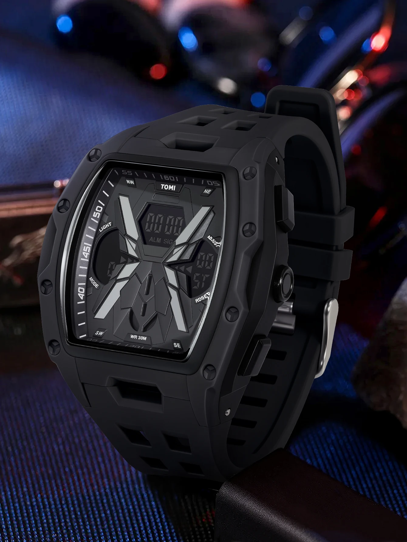 TOMI Men's Sports Mecha Style Watch Digital Electronic Watch, Backlight Alarm Stopwatch, Hollow Breathable Silicone Watch