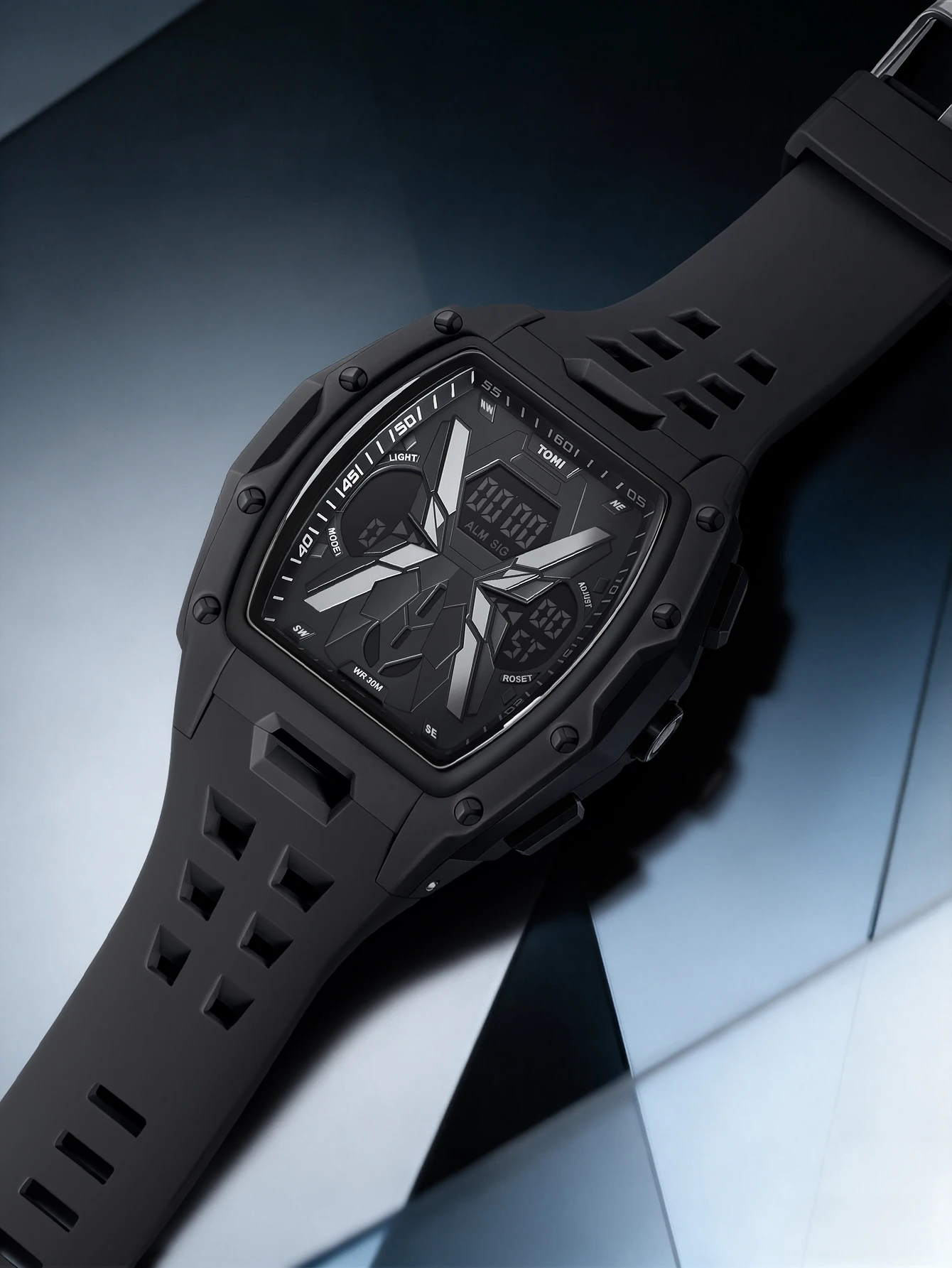 TOMI Men's Sports Mecha Style Watch Digital Electronic Watch, Backlight Alarm Stopwatch, Hollow Breathable Silicone Watch
