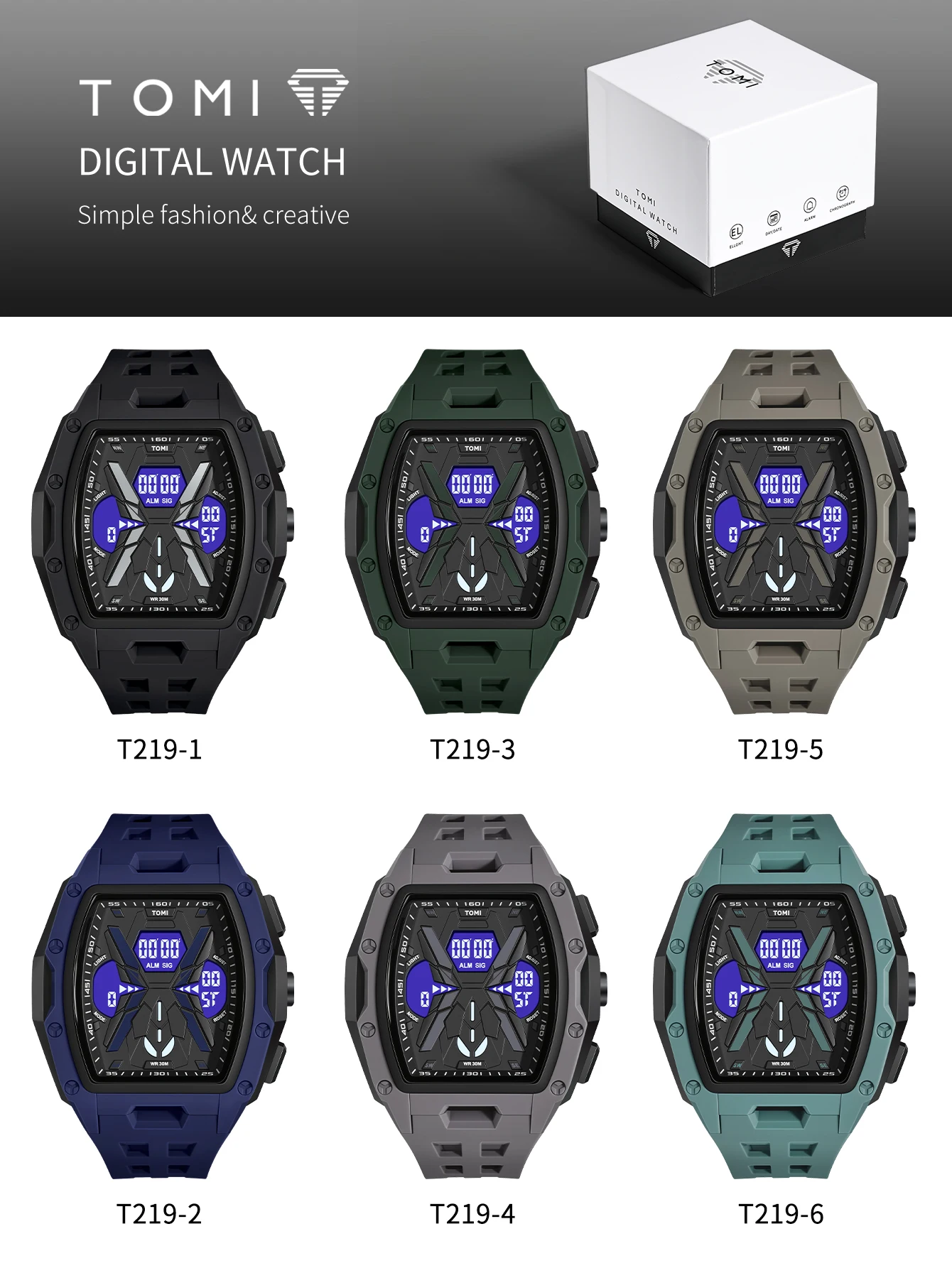 TOMI Men's Sports Mecha Style Watch Digital Electronic Watch, Backlight Alarm Stopwatch, Hollow Breathable Silicone Watch