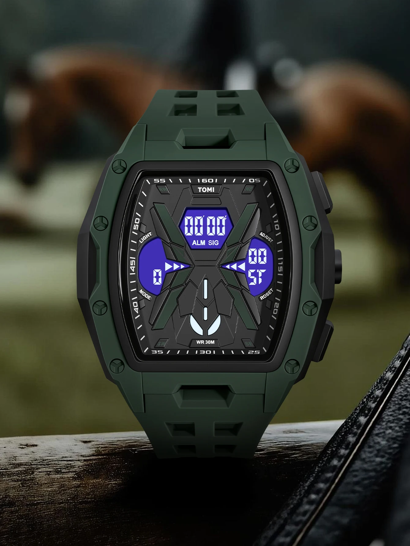 TOMI Men's Sports Mecha Style Watch Digital Electronic Watch, Backlight Alarm Stopwatch, Hollow Breathable Silicone Watch