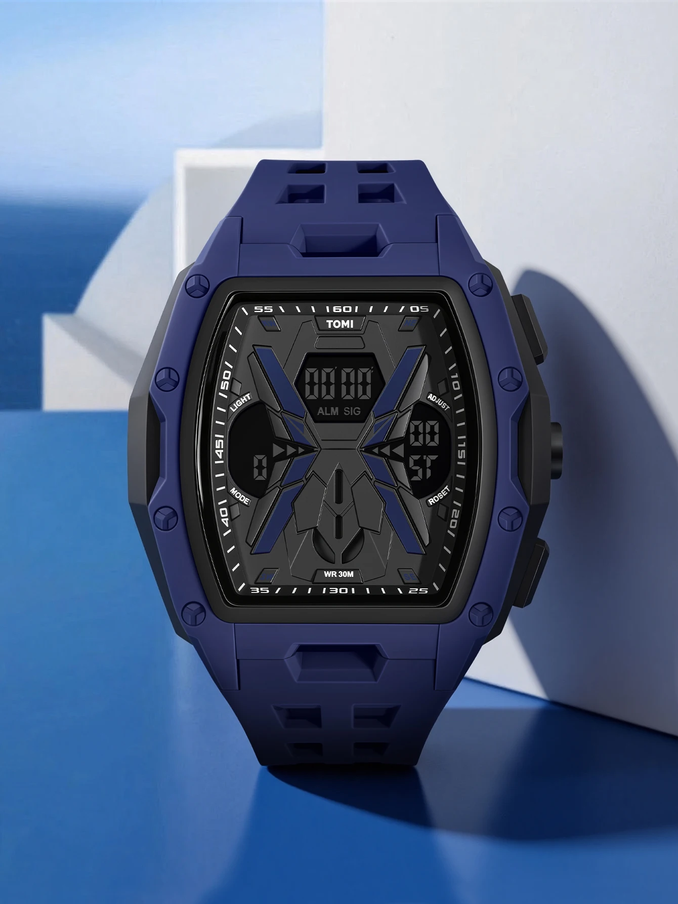 TOMI Men's Sports Mecha Style Watch Digital Electronic Watch, Backlight Alarm Stopwatch, Hollow Breathable Silicone Watch